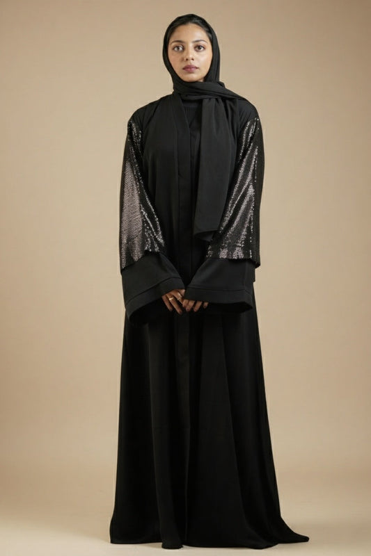Black Front Open Abaya With Sequence Sleeves