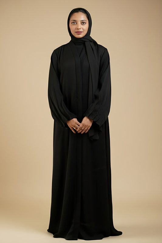 Basic Plain Black Front Open Abaya With Pleated Sleeves