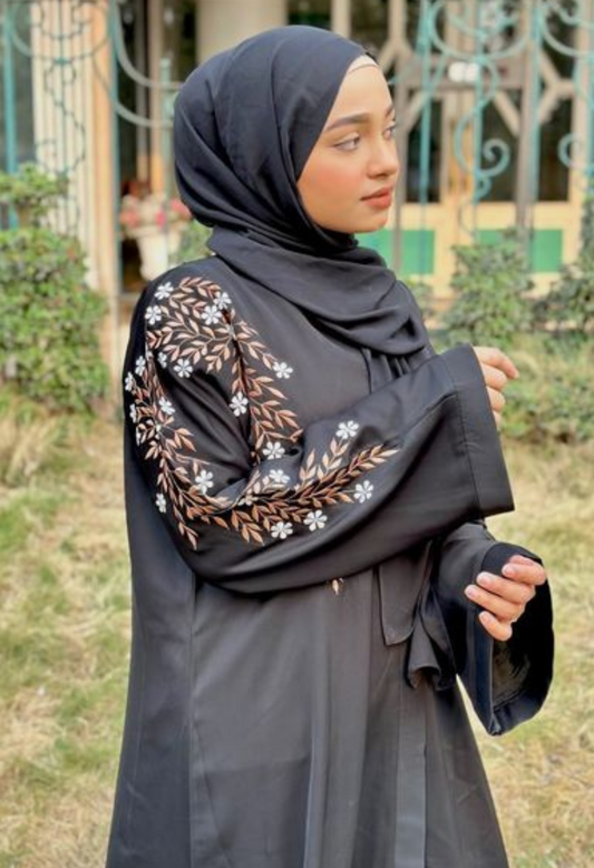 One Sided Embroidery Black Front Open Abaya