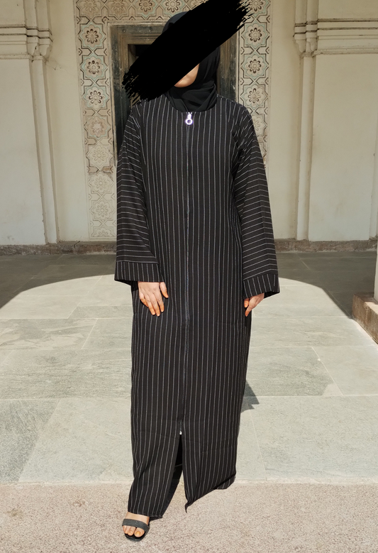 Black Pinstripe front Open Abaya with Zipper