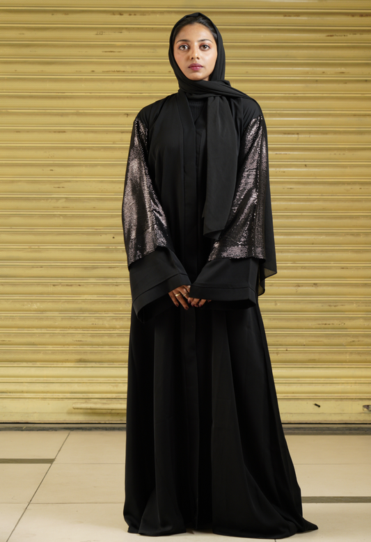 Black Front Open Abaya With Sequence Sleeves