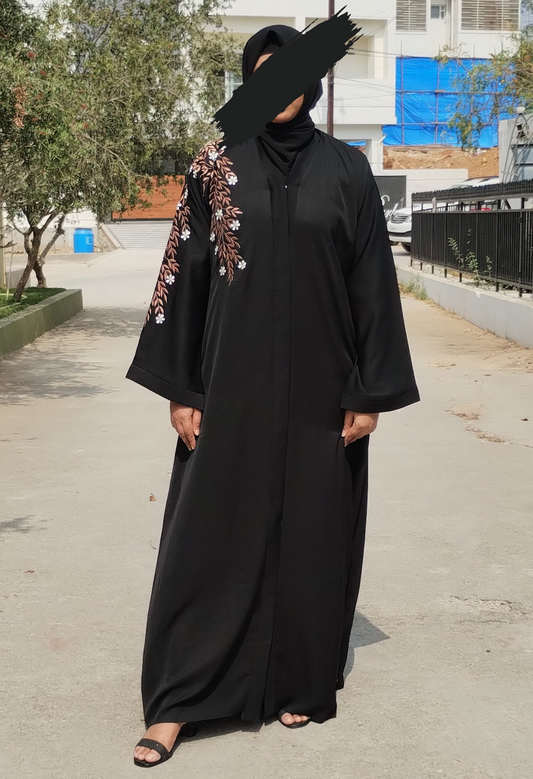 Black Front Open  One Sided Embroidery Abaya