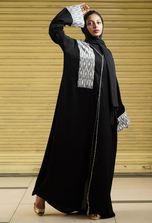 Black Front Open Abaya With Ikkat Strip And Piping