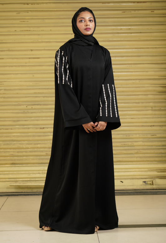 Black Front Open Abaya with Net Sleeves