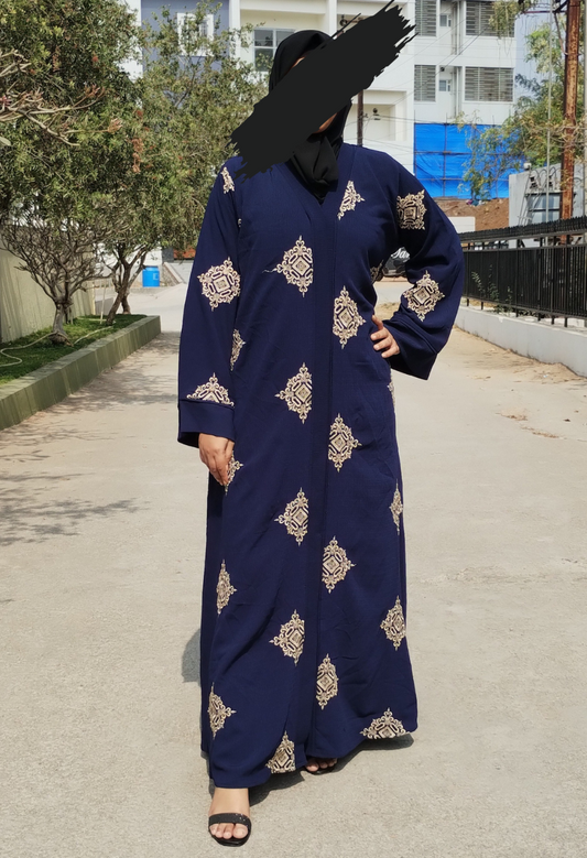 Navy Blue Front Open Embroidery Abaya