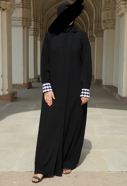 Black Front-Open Abaya with Handcrafted cuff sleeves