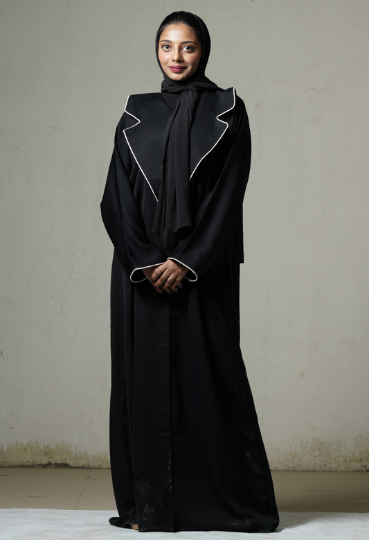 Black Front Open Abaya With Suited Lapel