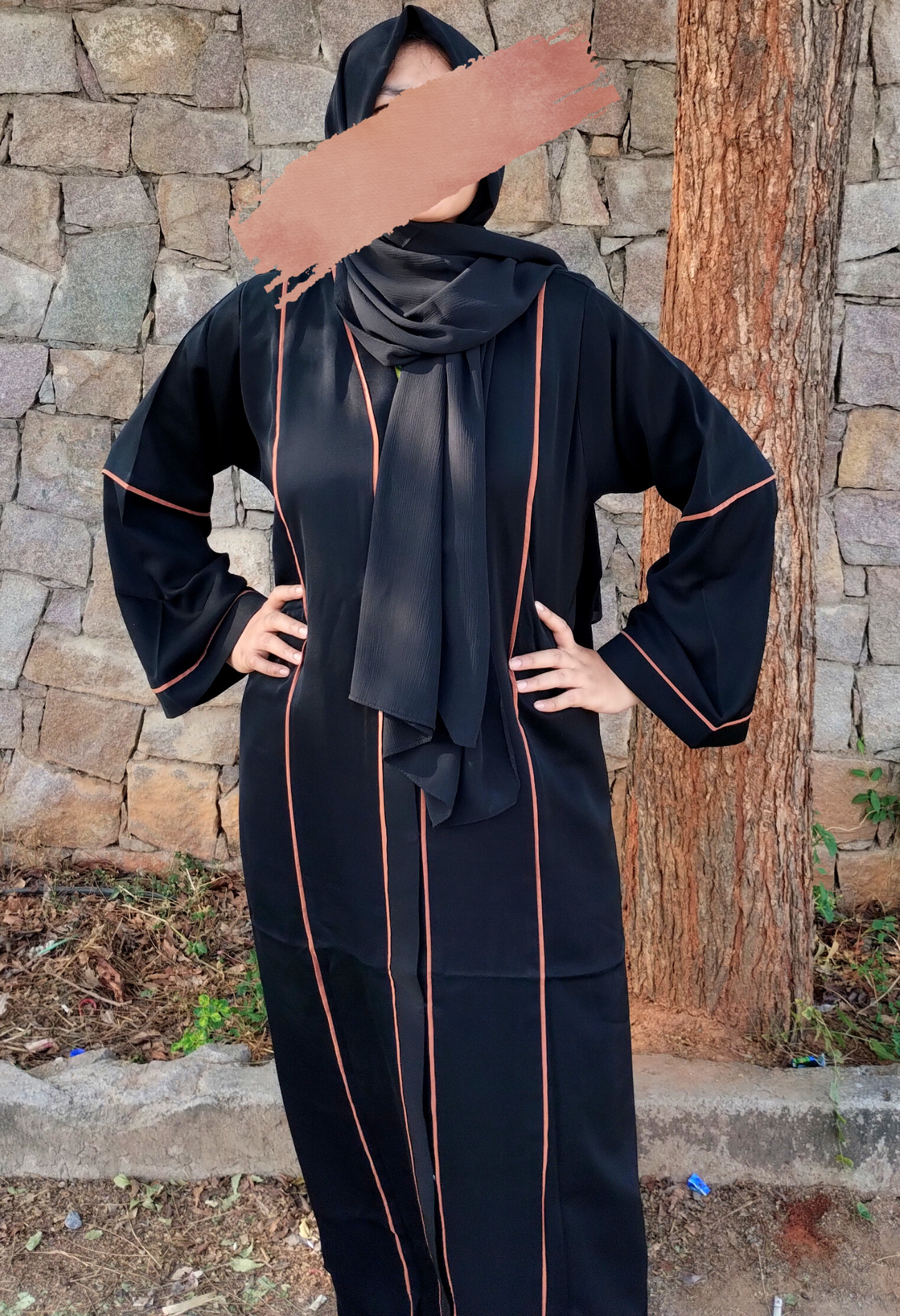 Black Front Open Abaya With Piping