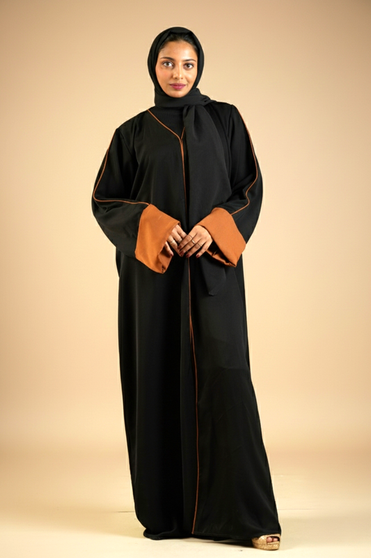 Black Front Open Abaya With Burnt Orange Piping