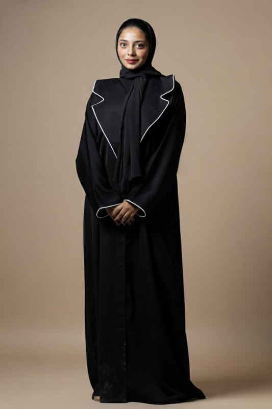 Black Front Open Abaya With Suited Lapel
