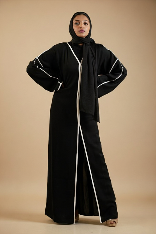 Black Front Open Abaya With White Piping