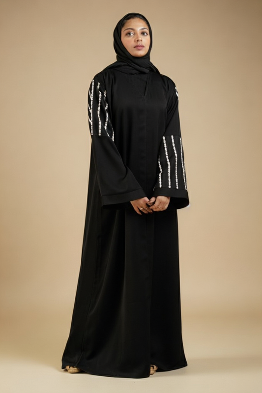 Black Front Open Abaya with Net Sleeves