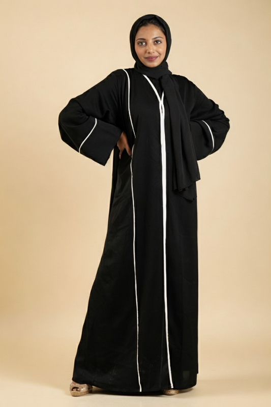 Black Front Open Abaya With White Piping