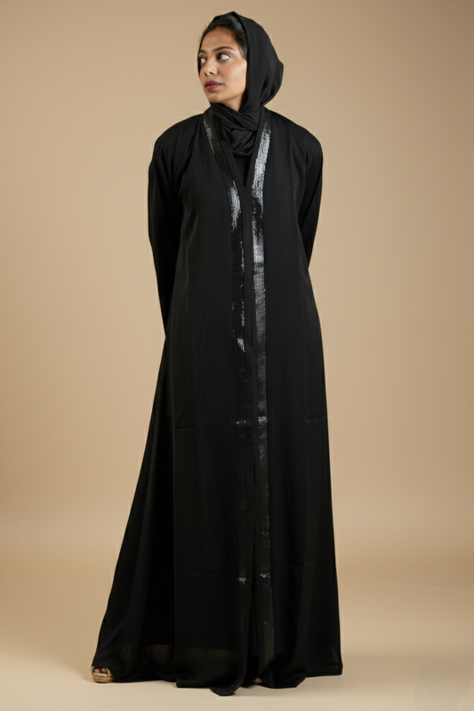 Black Front Open Abaya With Black Sequence Strip