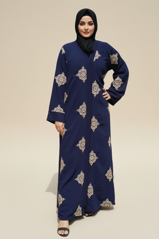 Navy Blue Front Open Embroidery Abaya