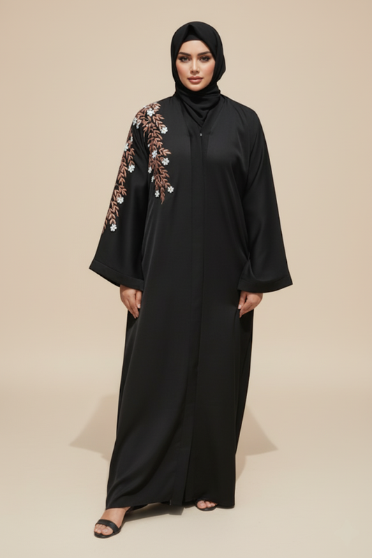 Black Front Open  One Sided Embroidery Abaya