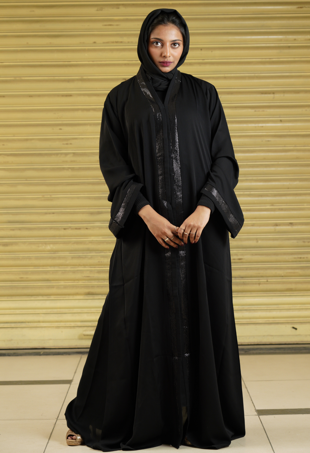 Black Front Open Abaya With Black Sequence Strip