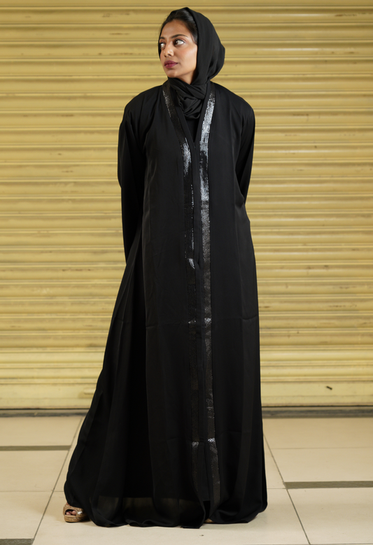 Black Front Open Abaya With Black Sequence Strip