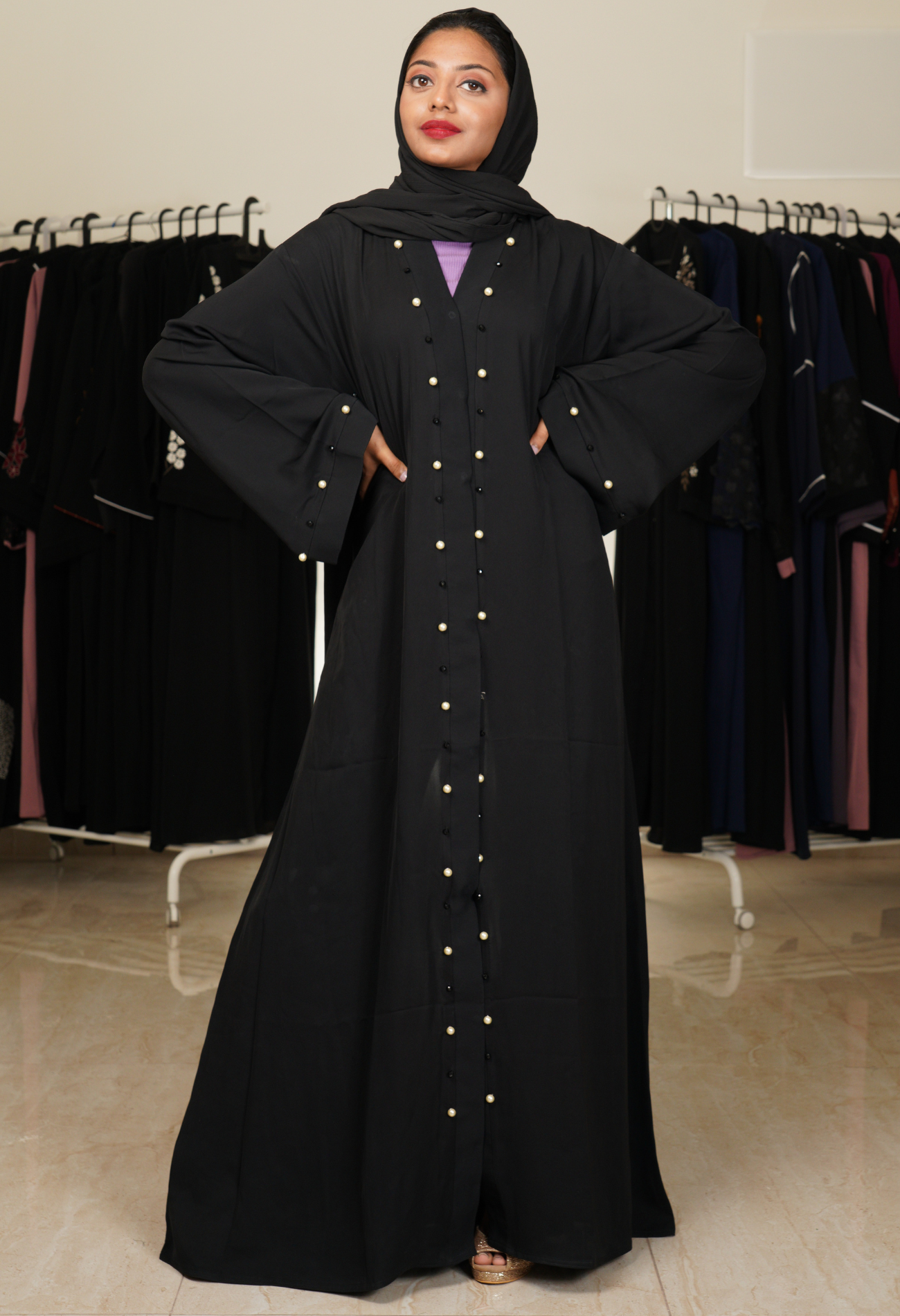 Black Front Open Abaya With Pearls And Black Beads