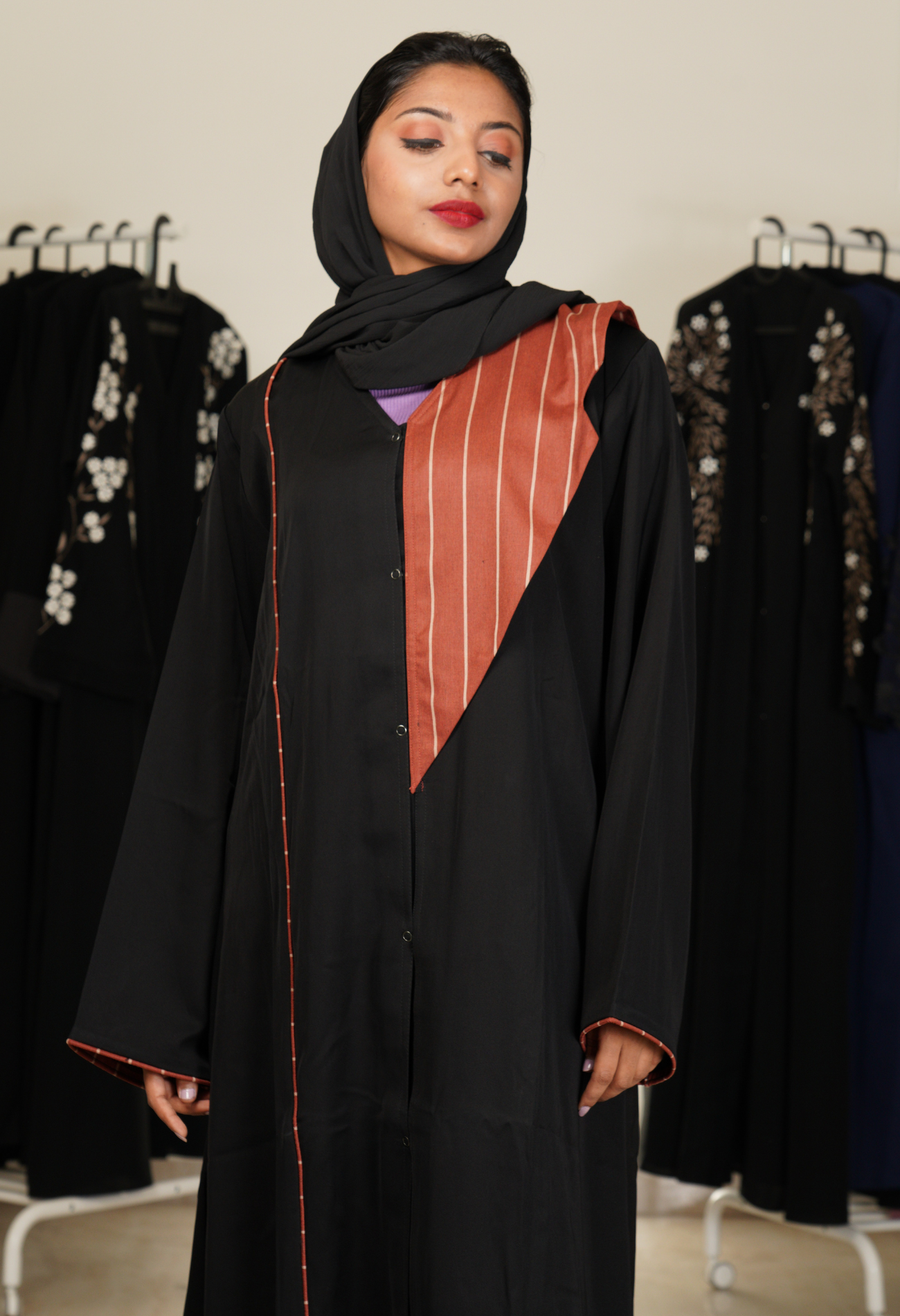 Black Front Open Abaya With Suit Laple