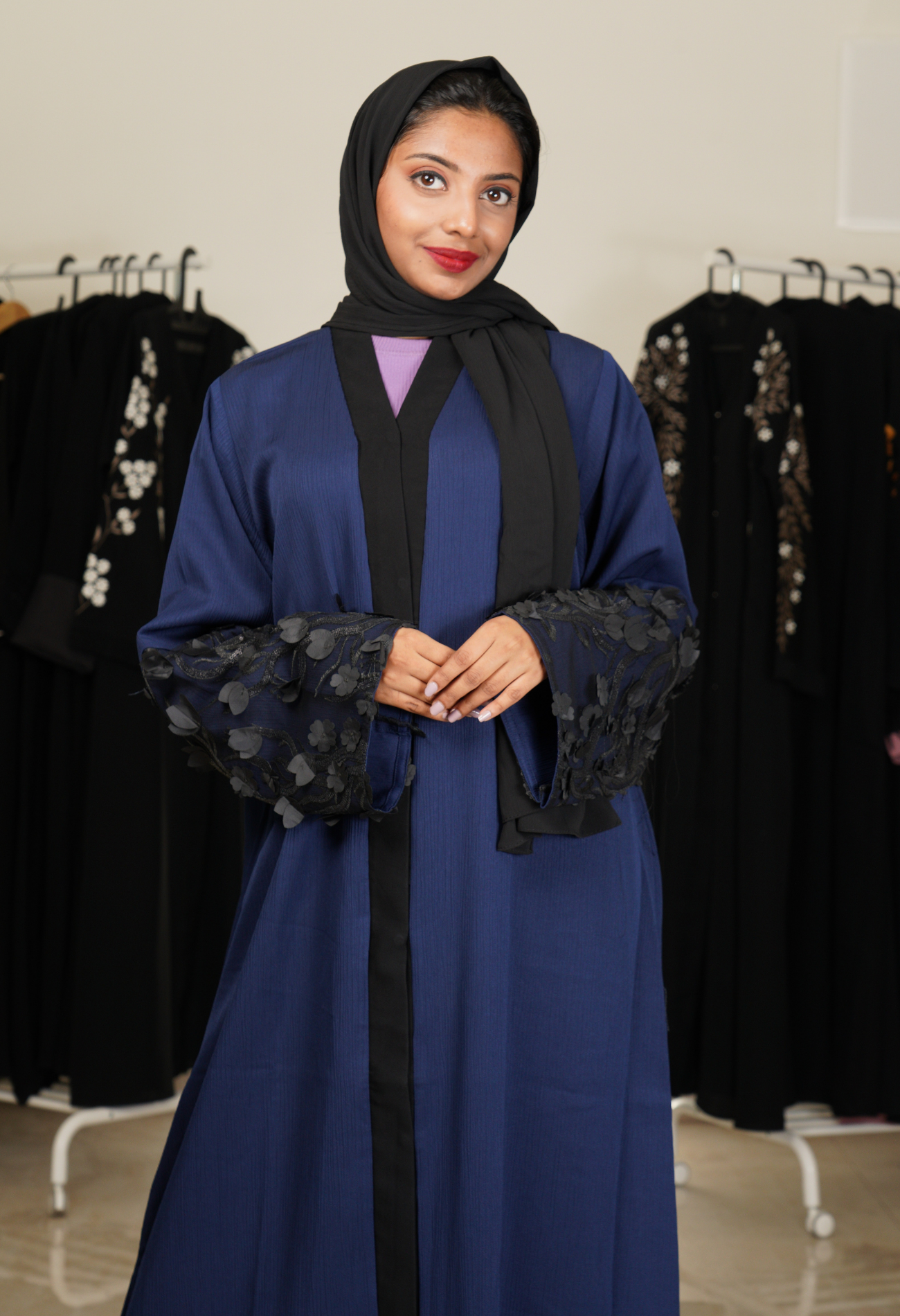 Texture Navy Blue Front Open Abaya With Net Sleeves