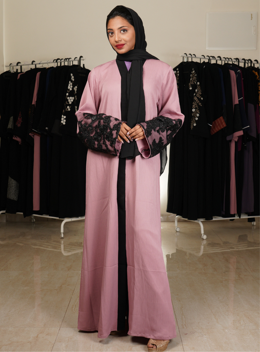Pink Front Abaya With Black Net Sleeves