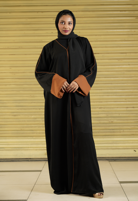 Black Front Open Abaya With Burnt Orange Piping