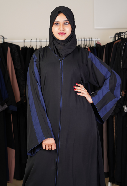 Black Front Open Abaya With Navy Blue Strips