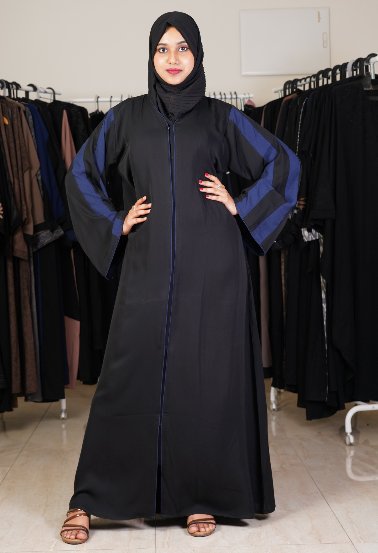 Black Front Open Abaya With Navy Blue Strips