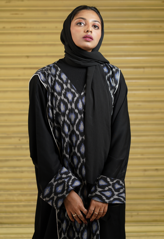 Black Front Open Abaya With Ikkat
