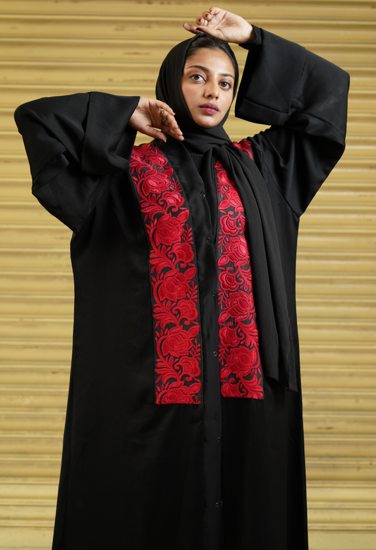 Black Front Open Abaya With Red Lace