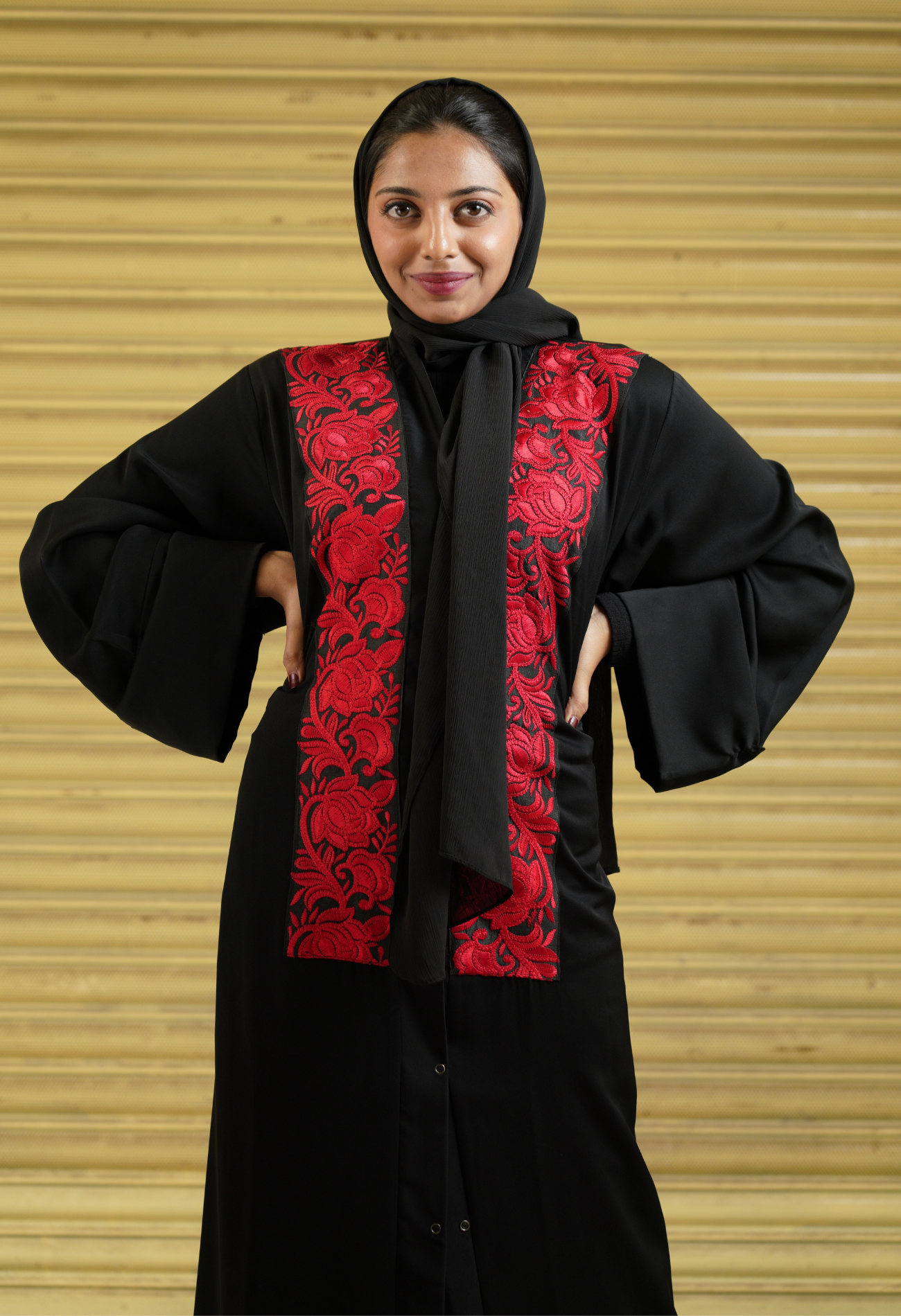 Black Front Open Abaya With Red Lace