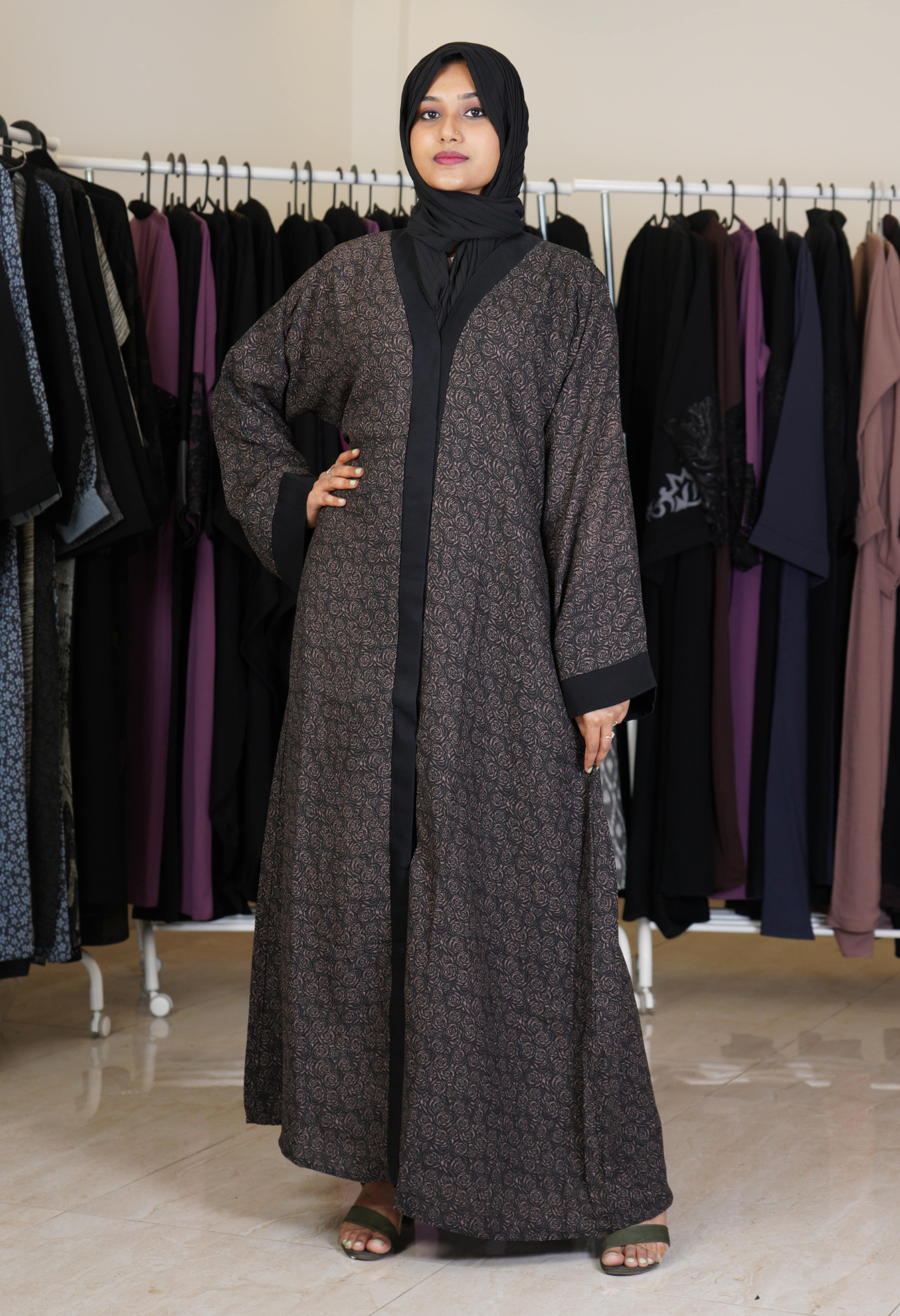 Floral Printed Front Open Abaya