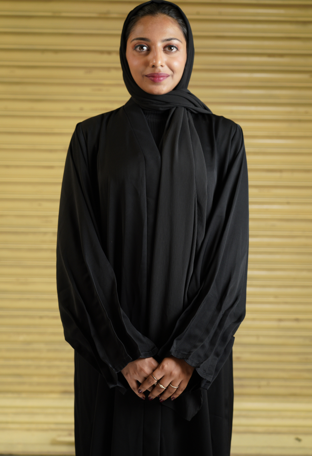 Basic Plain Black Front Open Abaya With Pleated Sleeves