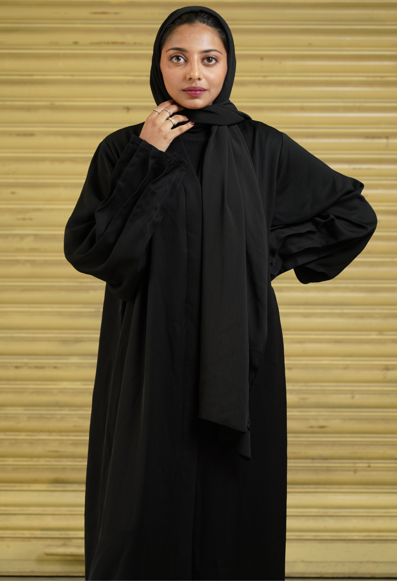 Basic Plain Black Front Open Abaya With Pleated Sleeves