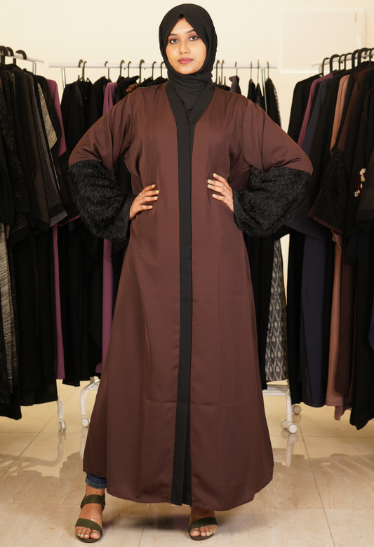 Brown Front Open Abaya With Fur On Sleeves