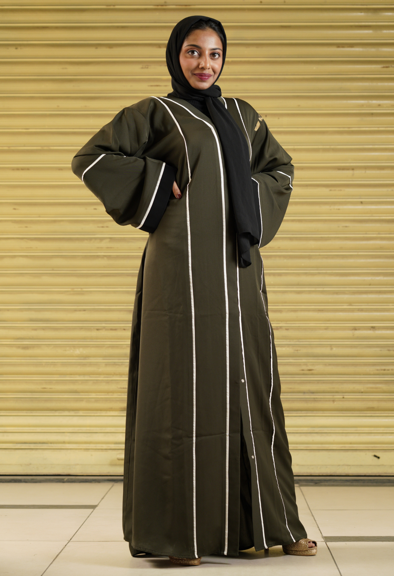 Military Green Front Open Abaya