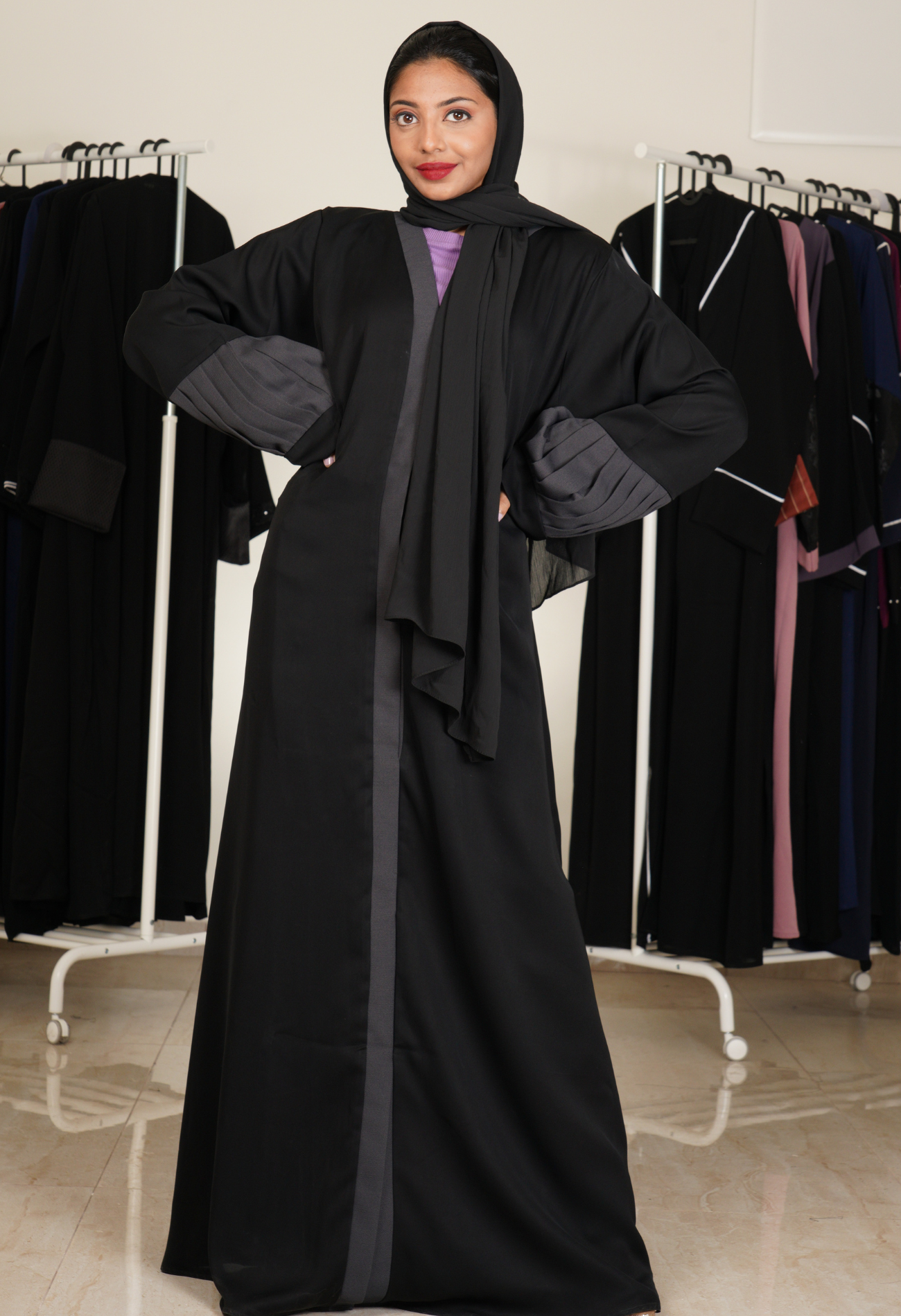 Black  front open Abaya With Pleated Sleeves