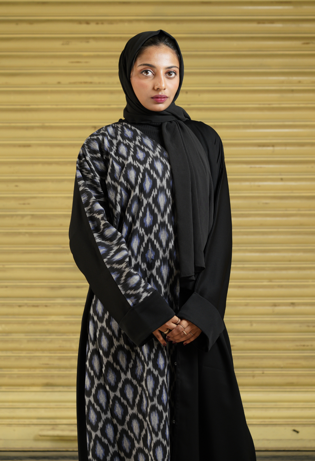 Two Tone Front Open Abaya With Ikkat Fabric