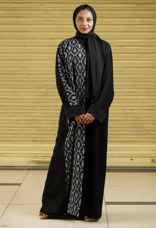 Two Tone Front Open Abaya With Ikkat Fabric