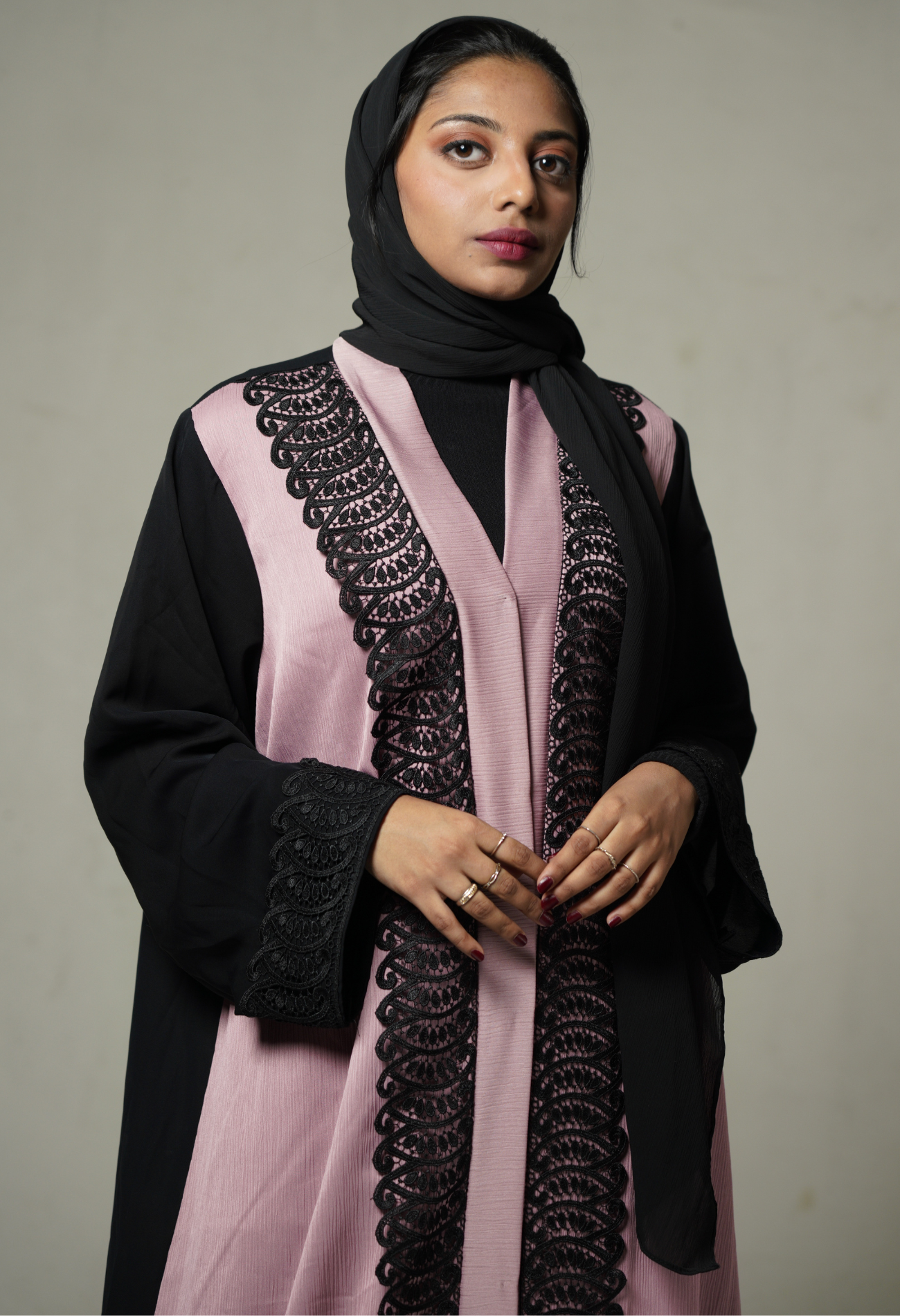 Front Open Two Tone Abaya with Lace