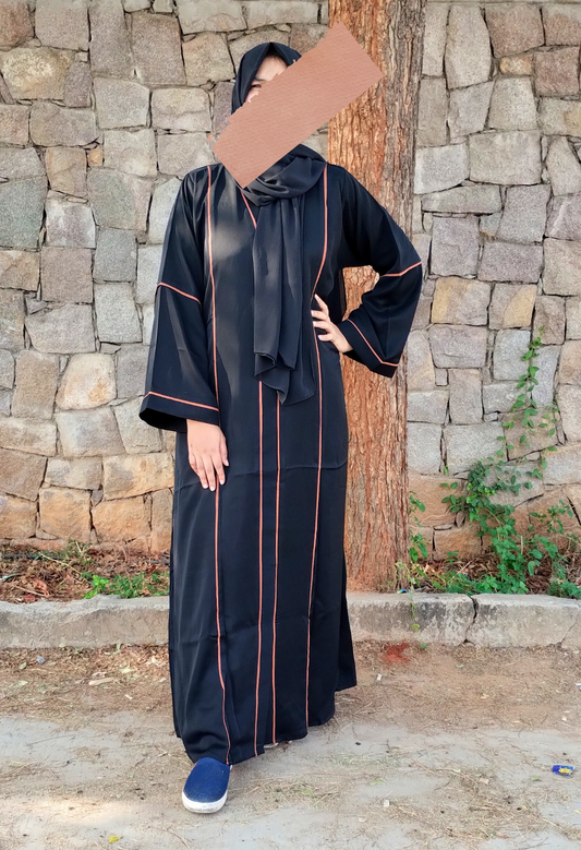 Black Front Open Abaya With Piping