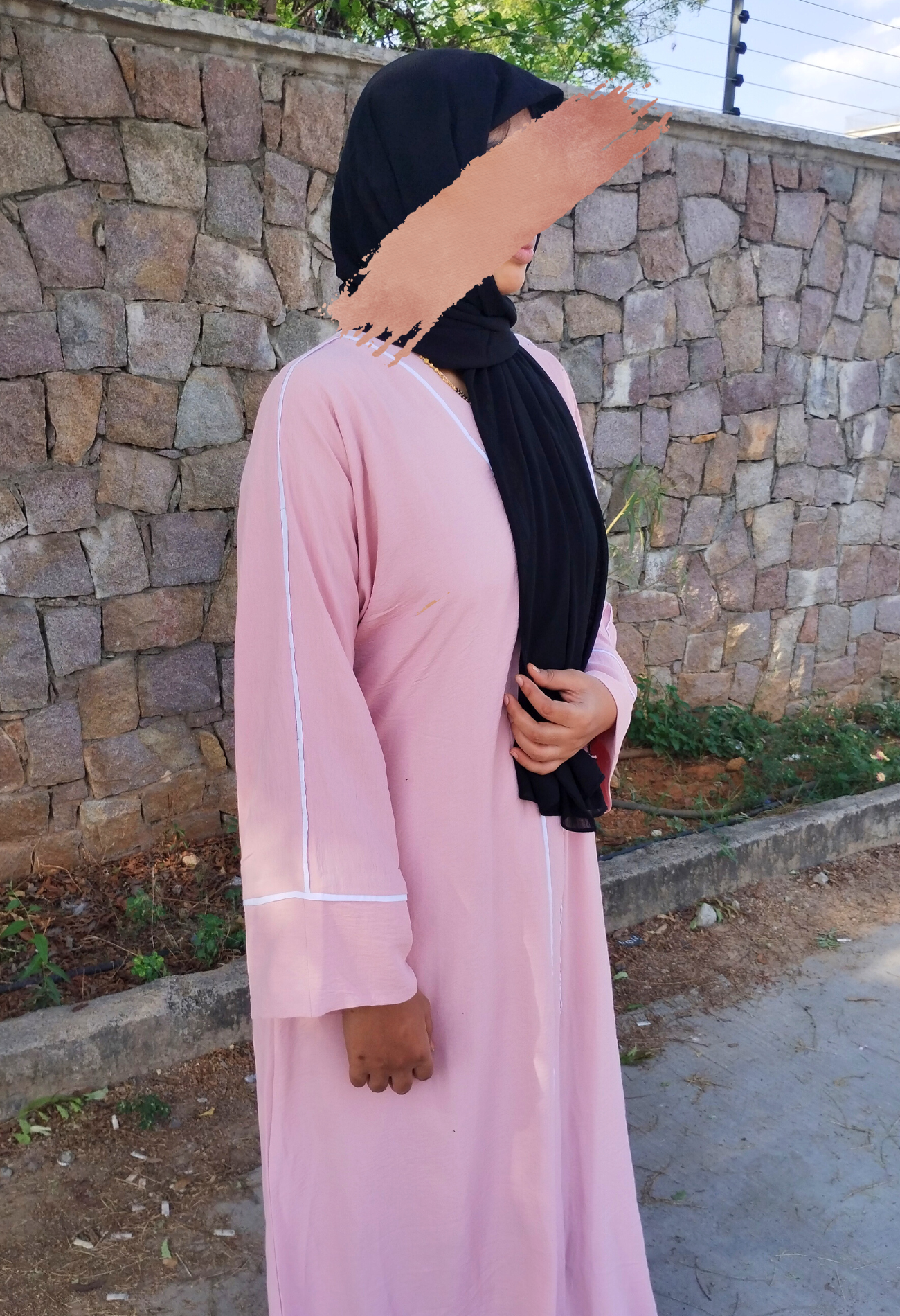 Pink Cye Front Open Abaya With White Piping