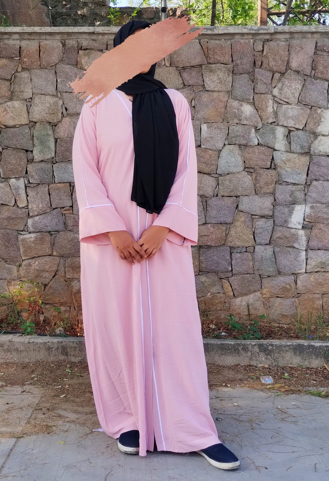 Pink Cye Front Open Abaya With White Piping