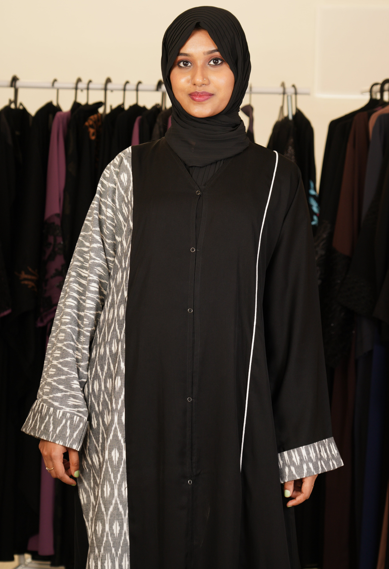 Black Front Open Abaya With Ikkat Fabric
