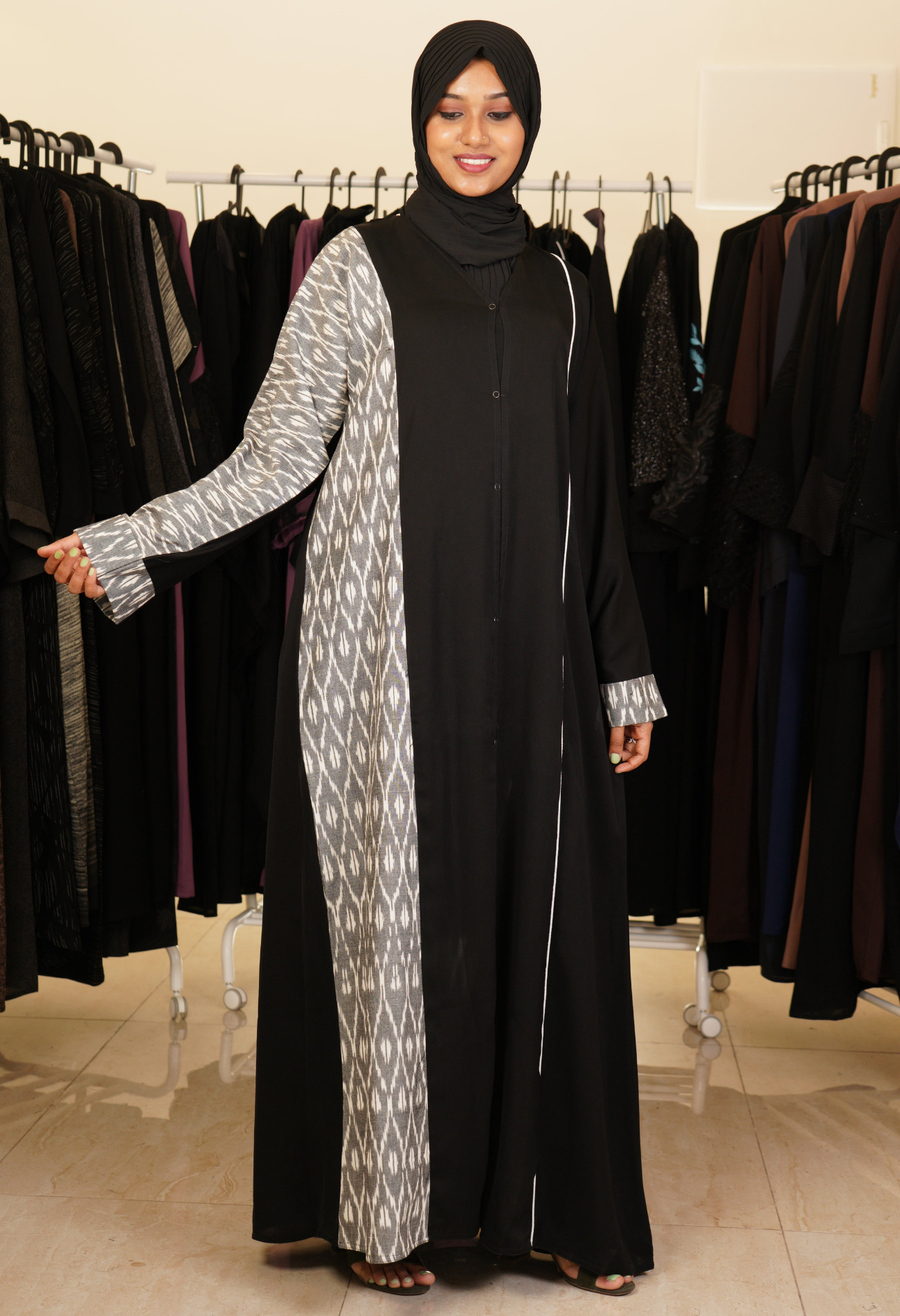 Black Front Open Abaya With Ikkat Fabric