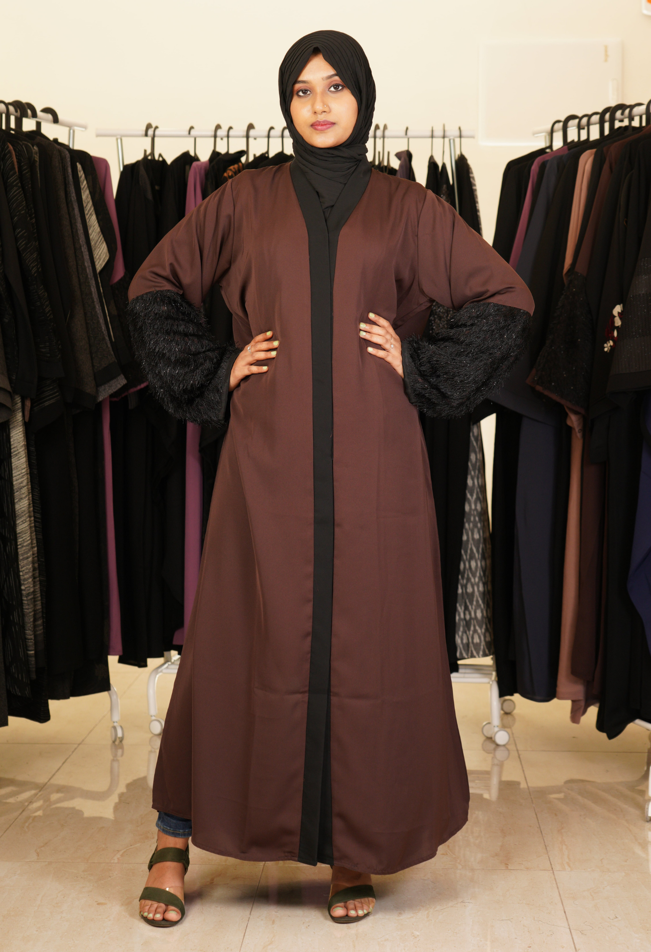 Brown Front Open Abaya with Fur On Sleeves