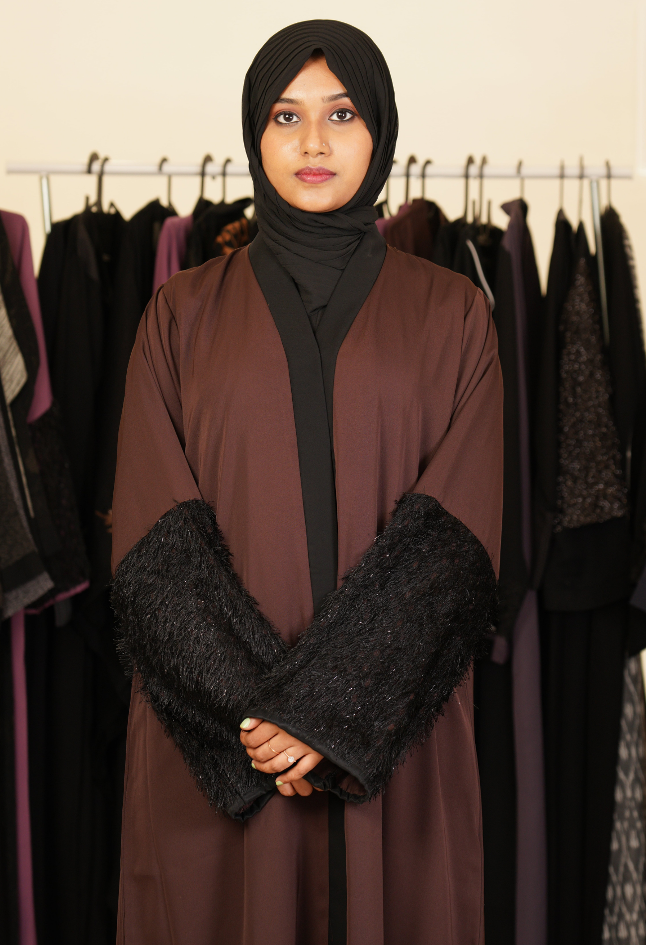 Brown Front Open Abaya With Fur On Sleeves