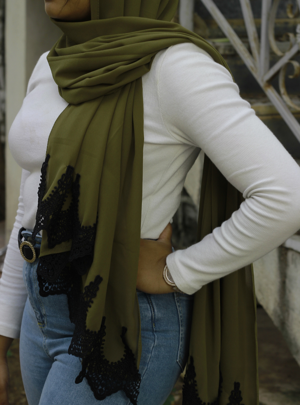 Military Green Chiffon Lace Hijab