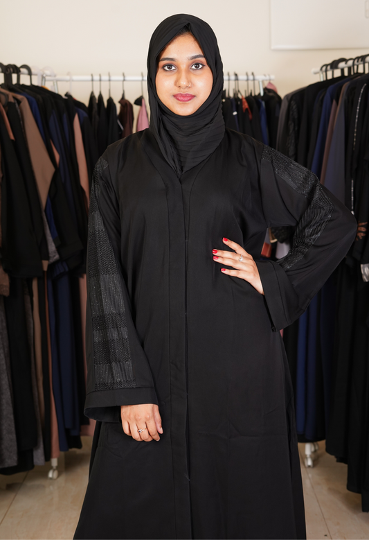 Black Front Open Abaya With Netted Sleeves- Abaya Proect